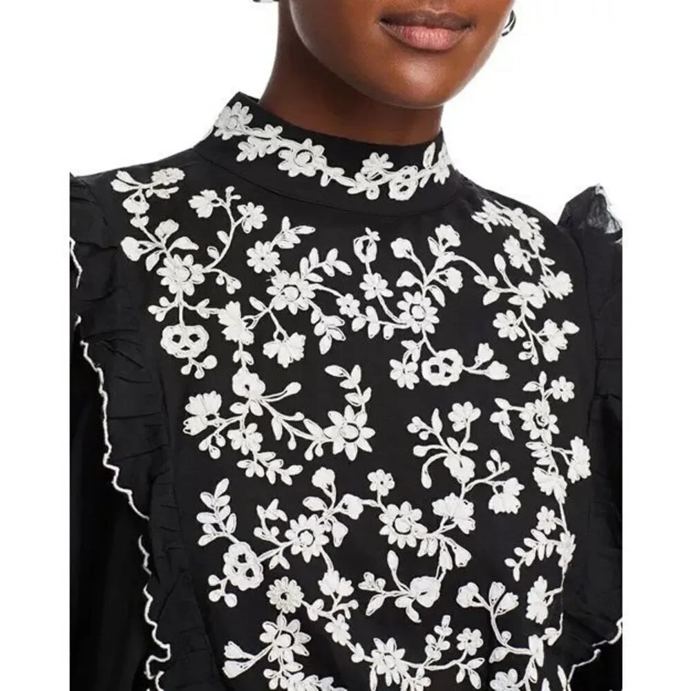 Farm Rio Women's Black White Embroidered Ruffle Long Sleeve Blouse Small NWOT